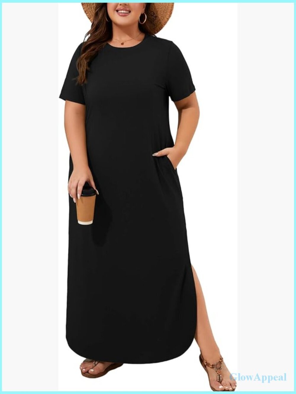 Plus Size Maxi Dress Crew Neck Short Sleeve Flowy Beach Sundress with Pockets